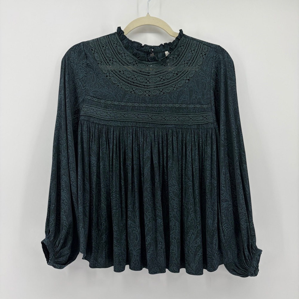 Gentle Fawn XS Teal Green Paisley Blouse Crochet Lace Mock Neck Long Sleeve Top